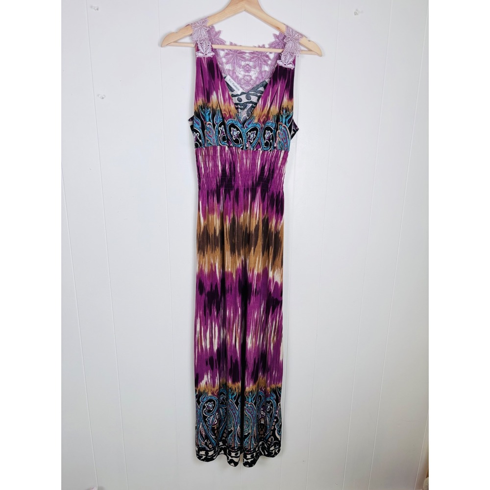 TC Fashion Maxi Dress Paisley‎ Lace Trim Sleeveless Purple Brown Boho Size M